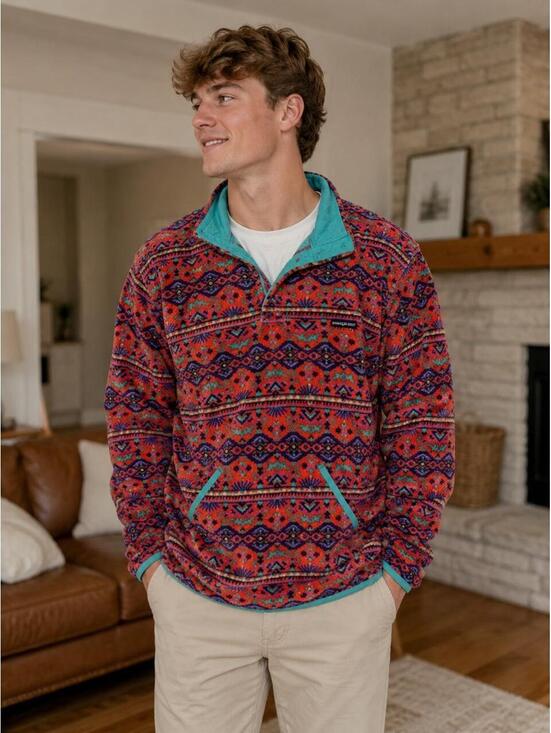 Jackets & Blazers - Southern Marsh red, blue, and teal geometric pattern fleece pullover #geometric